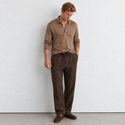 Mens Tops Long Sleeve Pembroke Linen Knitted Polo - Brown