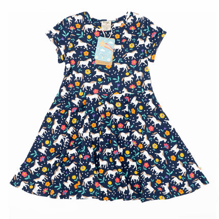 Frugi Girls Dress Skater Indigo Navy Wild Horses Pretty Cotton Short Sleeve