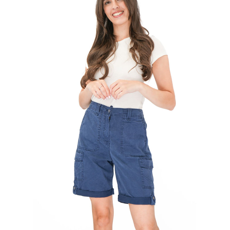 M&S Cargo Shorts Elastic Waist Cotton Lyocell Navy Blue Turn Up - Quality Brands Outlet