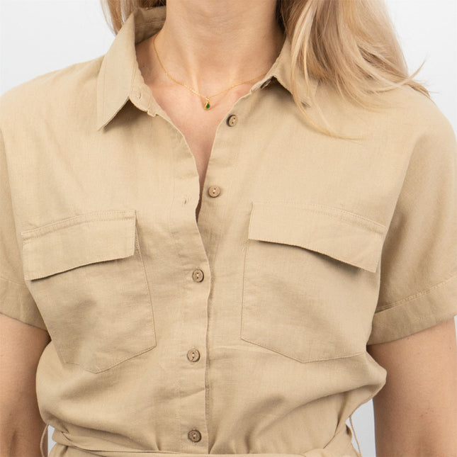 Beige Short Sleeve Longline Shirts Women's Utility Style Tops-Quality Brands Outlet-