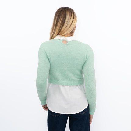 River Island Embellished Fluffy Hybrid Jumper Green Mock Shirt - Quality Brands Outlet