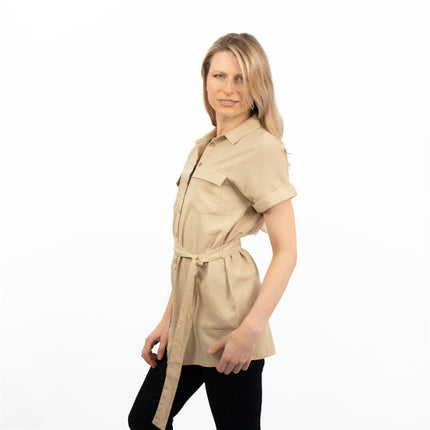 Beige Short Sleeve Longline Shirts Women's Utility Style Tops-Quality Brands Outlet-