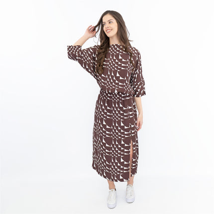 Jasper Conran Beau 3/4 Sleeve Brown Print Boat Neck Relaxed Fit Midi Dresses with Split and Pockets