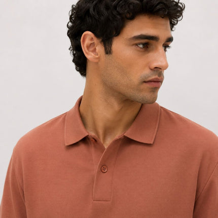M&S Rust Brown Pure Cotton Garment Dyed Polo Shirt Relaxed Fit-Quality Brands Outlet-