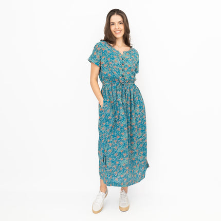 Seasalt Teal True Note Painted Rose Midi Dress-Quality Brands Outlet-