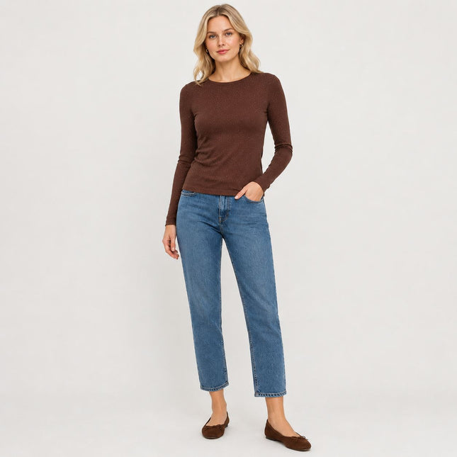 Womens Tops Cotton Rich Long Sleeve Ribbed – Brown