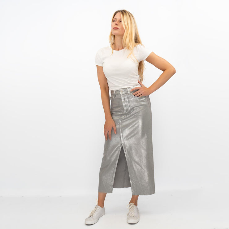 M&S Silver Denim Foil Shimmer Metallic Maxi Skirt Split - Quality Brands Outlet