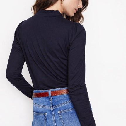 Boden Navy Supersoft Frill Henley Top Cotton Modal Slim Fit-Quality Brands Outlet-
