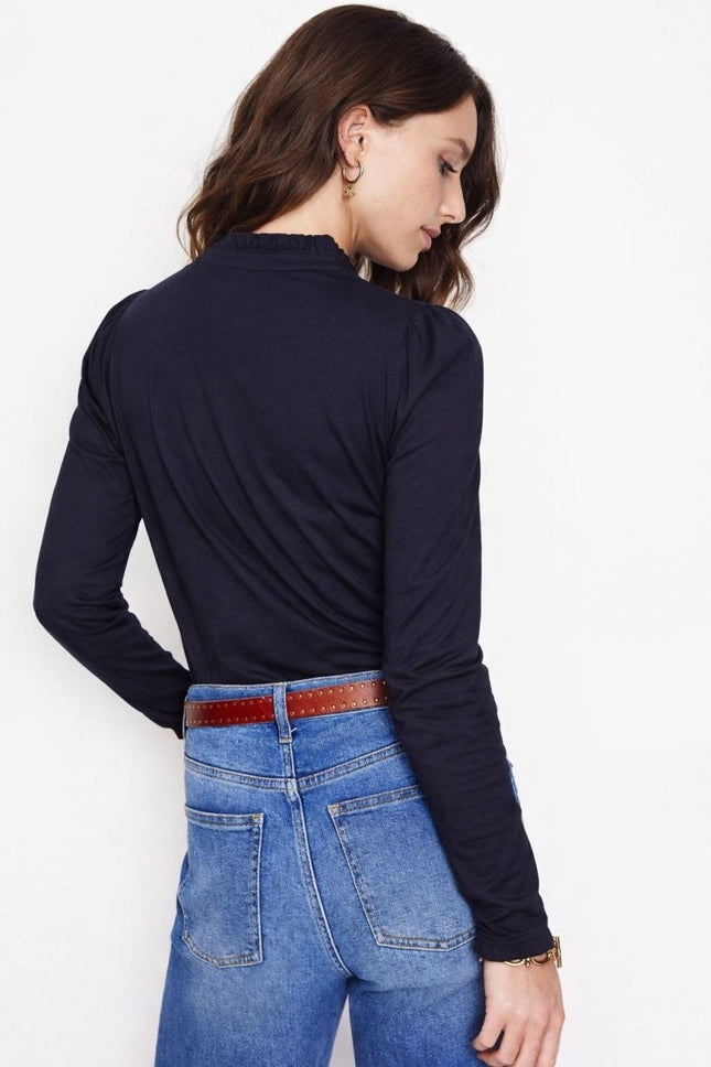 Boden Navy Supersoft Frill Henley Top Cotton Modal Slim Fit - Quality Brands Outlet
