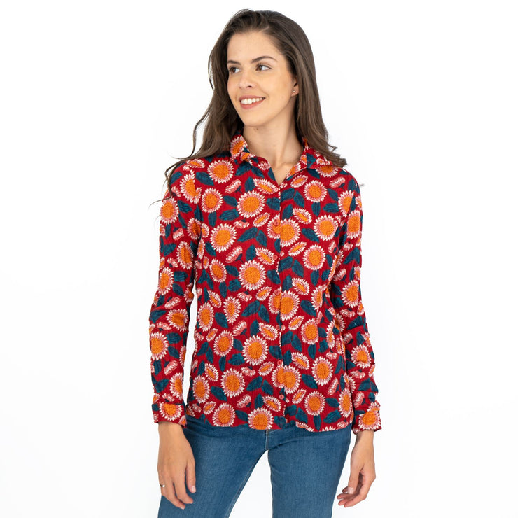 Seasalt Larissa Red Daisies Shirt Long Sleeve Cotton Button-Up Tops