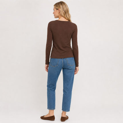 Womens Tops Cotton Rich Long Sleeve Ribbed – Brown