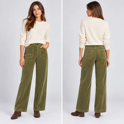 Womens Wide Leg Cord Trousers - Olive Green