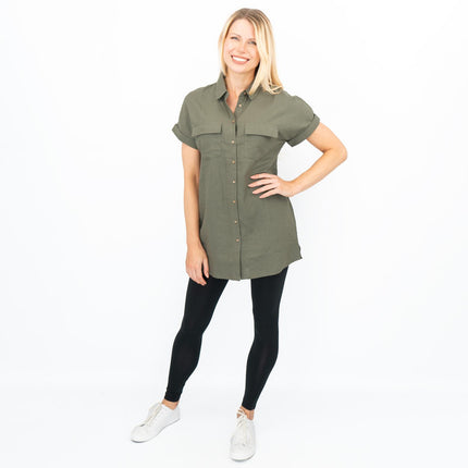 Womens Linen Tunic Khaki Green Short Sleeve Shirts-Quality Brands Outlet-