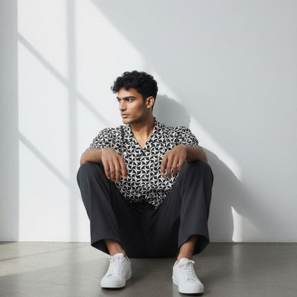 Mens Shirts Short Sleeve Navy Geo Print - Quality Brands Outlet