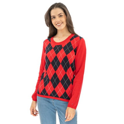 Lucy Argyle Jumper Red Diamond Intarsia Long Sleeve Tops - Quality Brands Outlet