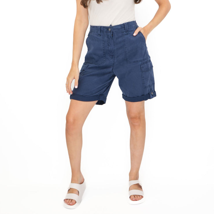 M&S Cargo Shorts Elastic Waist Cotton Lyocell Navy Blue Turn Up - Quality Brands Outlet