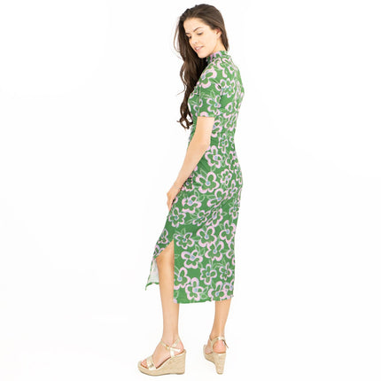 Nasty Gal Green Floral High Neck Short Sleeve Midi Dress-Quality Brands Outlet-