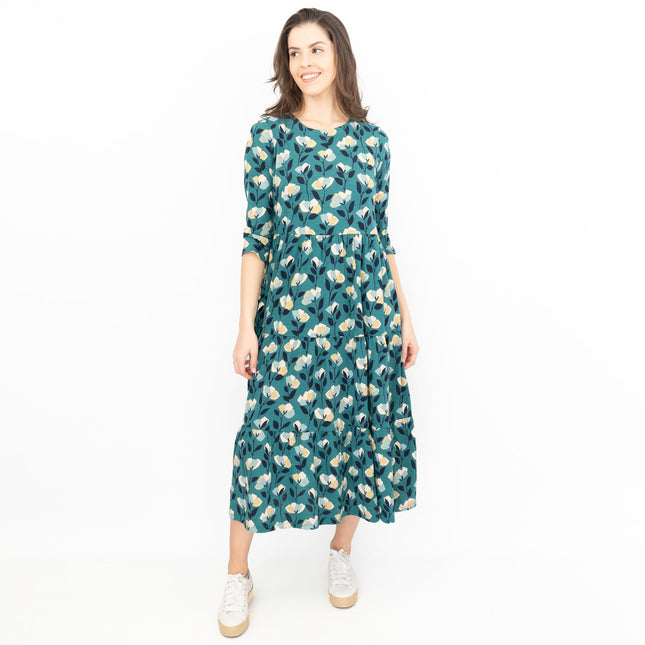 Seasalt Womens Green Floral Jersey Line Strokes 3/4 Sleeves Dress-Quality Brands Outlet-