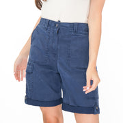M&S Cargo Shorts Elastic Waist Cotton Lyocell Navy Blue Turn Up - Quality Brands Outlet