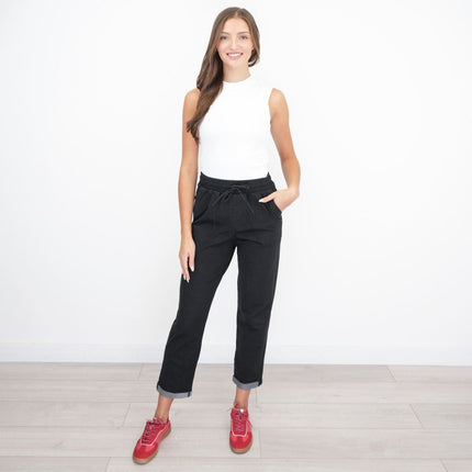M&S Elasticated Waist Denim Crop Jeans Jogger Black-Quality Brands Outlet-