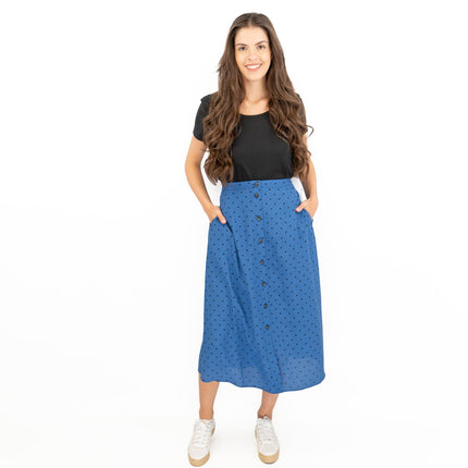 Joules Tallulah Blue Midi Skirt Black Polka Dots with Side Pockets-Quality Brands Outlet-