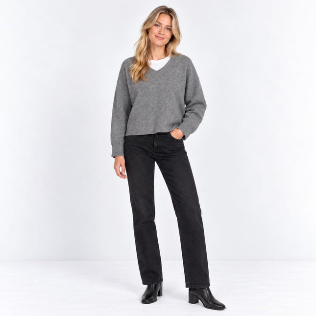 Womens Jumper Raglan Long Sleeve V-Neck Knit Tops - Grey-Quality Brands Outlet-