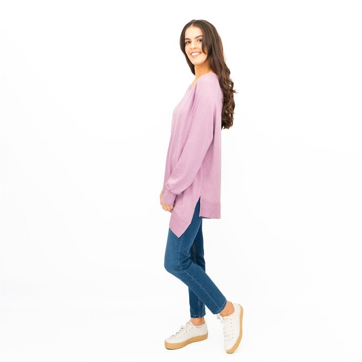 Evans Womens Asymmetric Top Lilac Longline Crew Neck Long Sleeve Relaxed Fit - Quality Brands Outlet