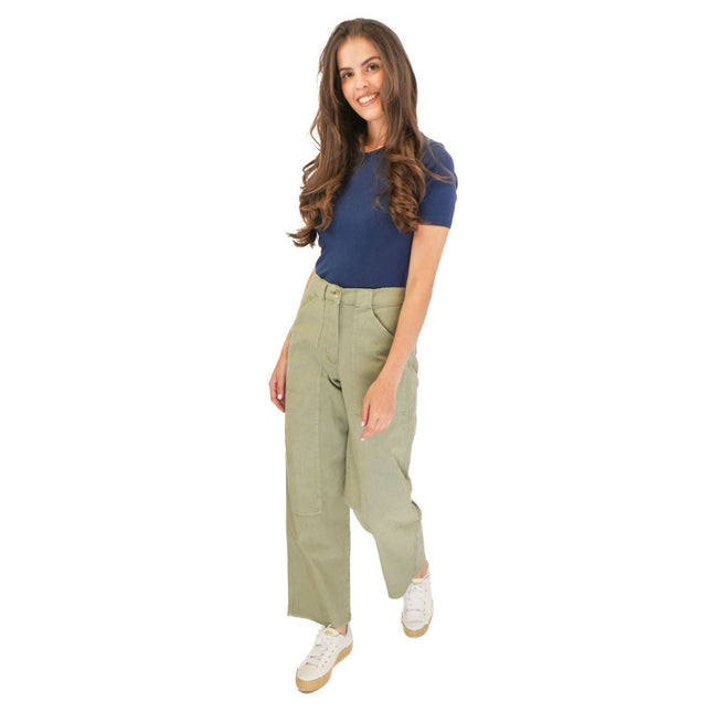 M&S Khaki Straight Leg Trousers Stretch Cotton Rich Relaxed Utility - Quality Brands Outlet