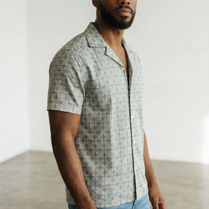 Mens Short Sleeve Shirt Cuban Collar Sage Green Geo Print - Quality Brands Outlet