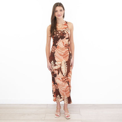Lola Midi Dress Pink Floral Leaf Print Sleeveless - Quality Brands Outlet