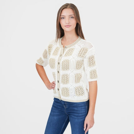 M&S Gold Crochet Cardigan Granny Square Short Sleeve-Quality Brands Outlet-