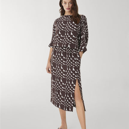 Jasper Conran Beau 3/4 Sleeve Brown Print Boat Neck Relaxed Fit Midi Dresses with Split and Pockets