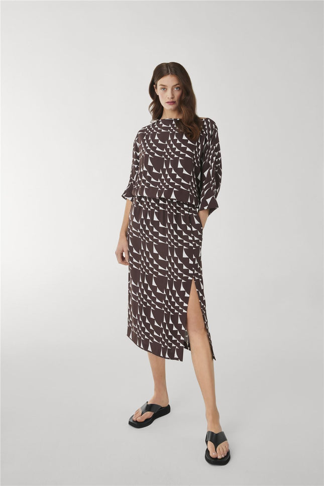 Jasper Conran Beau 3/4 Sleeve Brown Print Boat Neck Relaxed Fit Midi Dresses with Split and Pockets