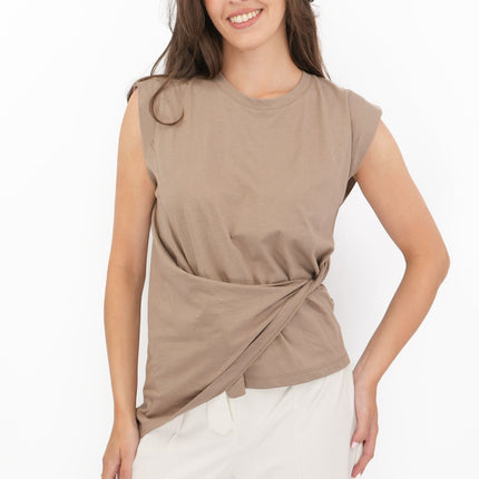 Tilly Drape Cotton Tops Taupe Sleeveless-Quality Brands Outlet-