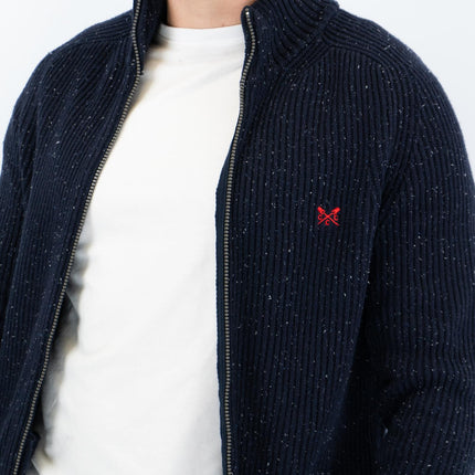 Crew Clothing Mens Chunky Knit Jacket Zip Up Navy Flecks - Quality Brands Outlet