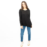 Evans Womens Asymmetric Top Black Longline Crew Neck Long Sleeve Relaxed Fit - Quality Brands Outlet