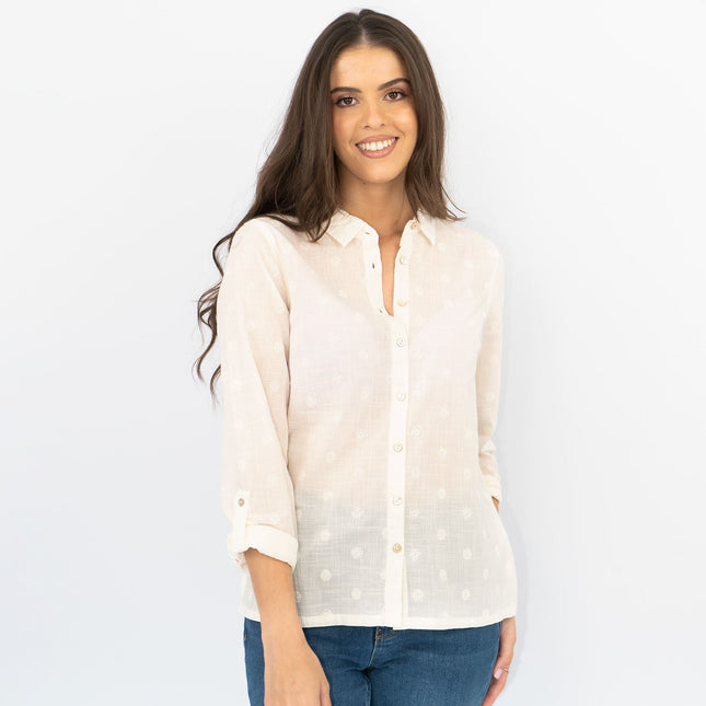 White Stuff Long Sleeve Relaxed Fit Button-Up Lightweight Cotton White Embroidered Shirts-Quality Brands Outlet-