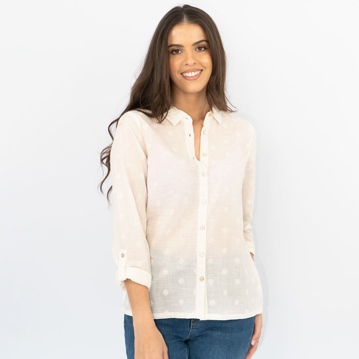 White Stuff Long Sleeve Relaxed Fit Button-Up Lightweight Cotton White Embroidered Shirts