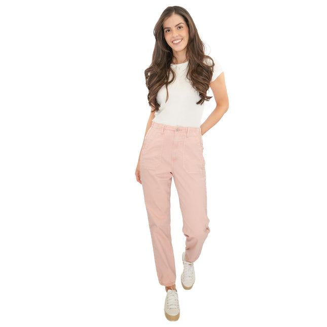 M&S Cotton Rich Slim Fit Trousers Stretch Elasticated Cuff Pink-Quality Brands Outlet-