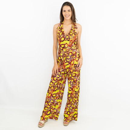 Karen Millen Yellow Gold Chain Print Sleeveless Wide Leg Stretchy Collared Jumpsuits-Quality Brands Outlet-