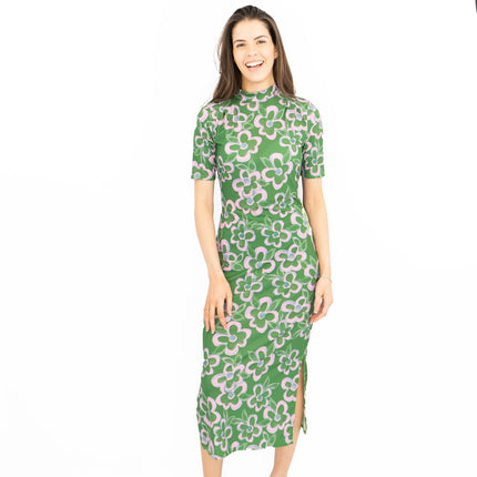 Nasty Gal Green Floral High Neck Short Sleeve Midi Dress-Quality Brands Outlet-