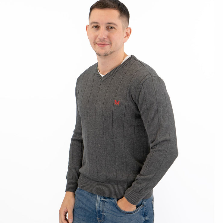 Crew Clothing Mens Jumper Dark Grey V-Neck Ribbed Long Sleeve Organic Cotton