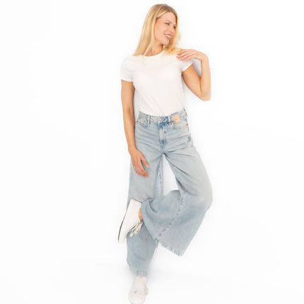 M&S Palazzo Jeans Wide Leg Lyocell Cotton Light Indigo Blue
