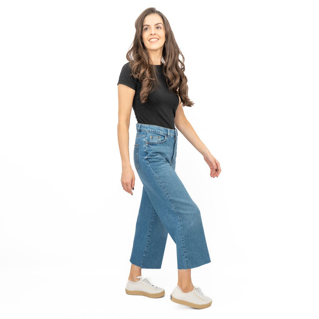M&S Womens Cropped Jeans Wide Leg High Waist Raw Hem Mid Blue Denim-Quality Brands Outlet-