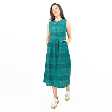 Seasalt Green Check Creek Cottage Midi Dress-Quality Brands Outlet-
