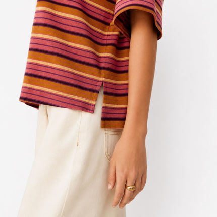 Brown Stripe Linen Modal Blend Scoop Neck T-Shirt