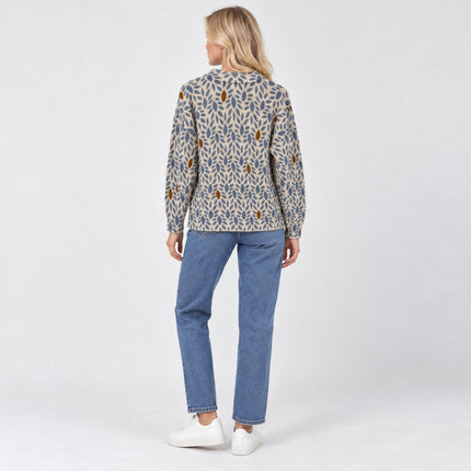 Womens Jumpers Botanical Leaf Print 100% Merino Wool Crew Neck Jumper – Cream Blue Brown-Quality Brands Outlet-