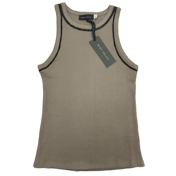 Mint Velvet Ribbed Embellished High Neck Vest Top Stone - Quality Brands Outlet