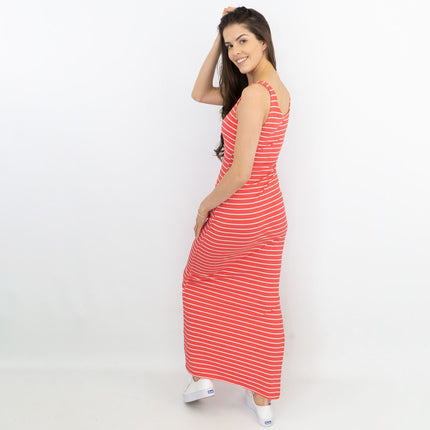 Karen Millen Red Stripe Scoop Neck Sleeveless Stretchy Maxi Long Slit Dresses-Quality Brands Outlet-