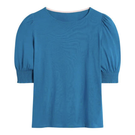 Boden Blue Puff Sleeve T-Shirt Cotton Smocked Cuff Casual Summer - Quality Brands Outlet